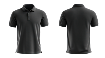 Front and back view of a dark grey polo shirt isolated on transparent background