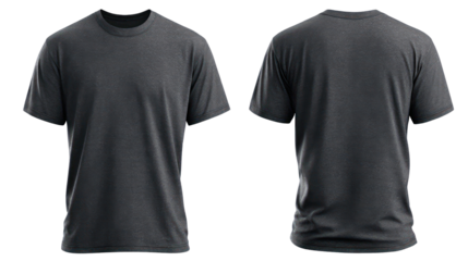Front and back view of a dark grey t shirt isolated on transparent background