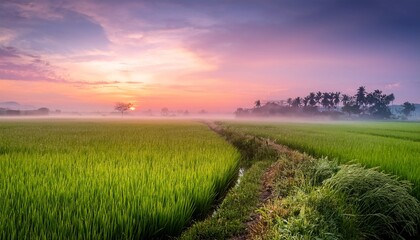 Obraz premium green rice field in the foggy morning sunrise pink misty summer sunrise over rice fields