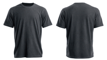 Dark gray t shirt front and back views isolated on transparent background