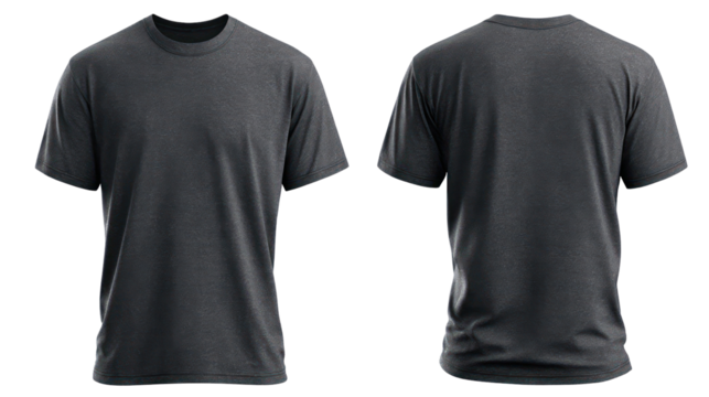Front and back view of a dark grey t shirt isolated on transparent background
