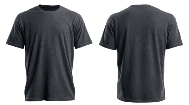 Dark gray t shirt front and back views isolated on transparent background
