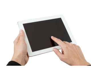Person's hands holding a white tablet device with a finger touching the screen isolated on transparent background