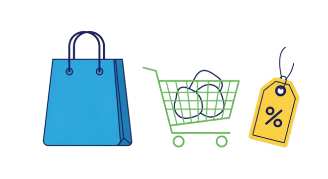 Time to shop retail and save with shopping bag and cart with sale tag