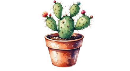 Watercolor cactus in pot with flowers for desert garden lovers decor