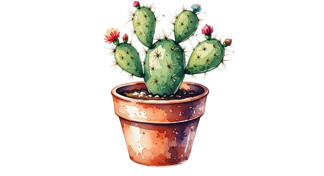 Watercolor cactus in pot with flowers for desert garden lovers decor