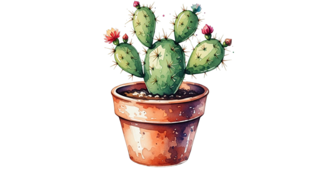 Watercolor cactus in pot with flowers for desert garden lovers decor