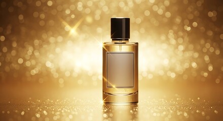 Golden aura perfume bottle with bokeh lights for glamourous fragrance