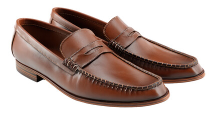Classic brown leather penny loafers shoes isolated on transparent background