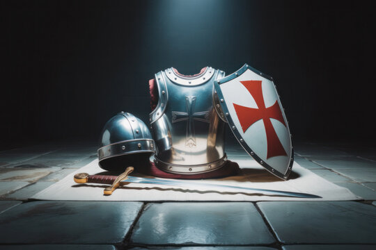 Medieval-style armor with shield bearing red cross illuminated by spotlight, Christian symbol of the armor of God, faith, divine strength, and spiritual warfare