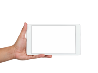 Hand holding white tablet with blank screen for content showcase and app presentation isolated on transparent background