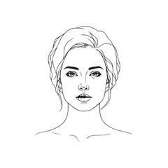 Black and white close up illustration of a beautiful woman face minimalist elegant line art drawing