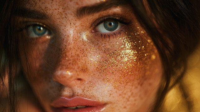 Close-up portrait of a woman with striking blue eyes and golden glittery freckles, showcasing ethereal beauty and artistic makeup technique in warm, luminous tones