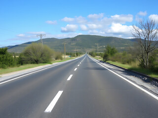 Open asphalt road leading towards distant green mountains under a bright blue sky with scattered clouds