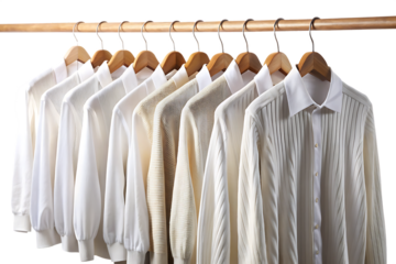 Row of white shirts and sweaters on hangers isolated on a transparent background