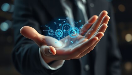 Close up of businessman's hand holding glowing blue digital gears and network schematic technology innovation