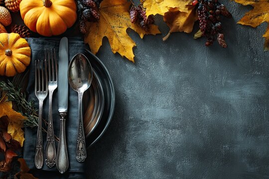 Elegant Autumn Table Setting with Pumpkins Leaves and Silverware on Dark Table
