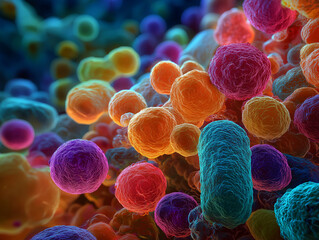 Probiotic bacteria under electron microscope, colorful and glowing
