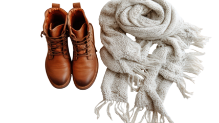 Pair of brown leather boots and a light grey scarf isolated on transparent background
