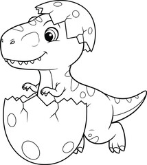 Cute Baby T-Rex Dinosaur Hatching from Egg - Cartoon Line Art Illustration for Coloring Book
