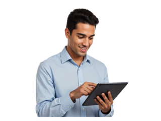 Young man smiling and interacting with a tablet device in a professional setting isolated on transparent background