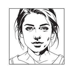 Black and white close up illustration of a beautiful woman face minimalist elegant line art drawing
