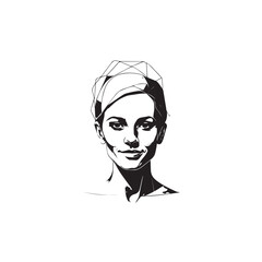 Black and white close up illustration of a beautiful woman face minimalist elegant line art drawing