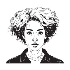 Black and white close up illustration of a beautiful woman face minimalist elegant line art drawing