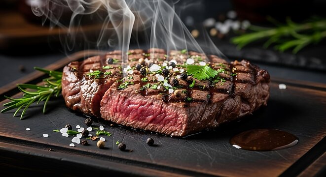 A succulent, grilled steak, glistening with moisture, sits on a dark wooden cutting board, fragrant with herbs and spices, and emitting steam.