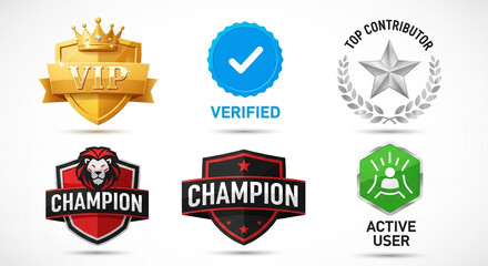 Collection of six different badges and emblems, including vip, verified, top contributor, champion, and active user isolated on white background