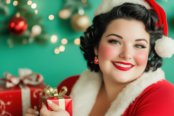 Cheerful plus size woman in Santa hat sharing joy with Christmas gifts