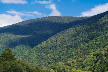 Naklejka premium 青空と雲の光と影が織りなす緑豊かな山々（長野県上高地）