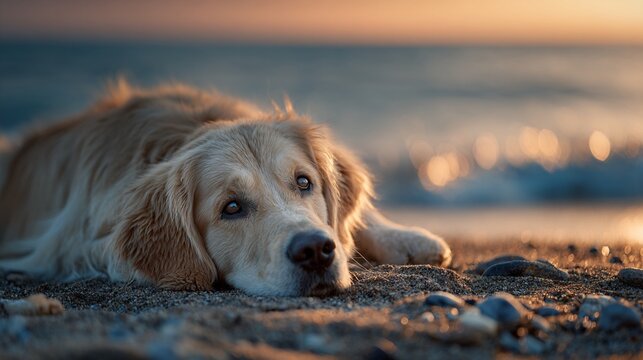 Golden retriever relaxing on a sandy beach, gazing thoughtfully at the waves as the sun sets, creating a serene and peaceful atmosphere in the picturesque scene. - Powered by Adobe