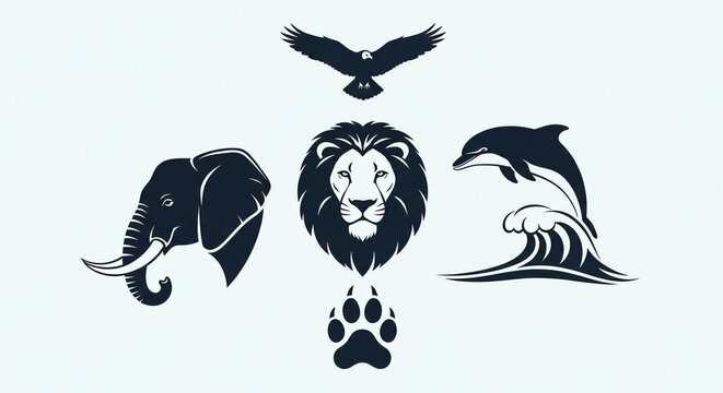 A collection of animal silhouettes, including an elephant, lion, dolphin, eagle, and paw print isolated on white background