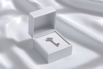 Elegant silver key resting in a pristine white gift box on a silky smooth fabric, symbolizing a new beginning, opportunity, and luxurious presentation, with a clean and minimalist style.