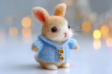 Fototapeta premium A cute and cuddly handmade bunny toy wearing a blue knitted sweater, with a soft, fluffy texture and charming details, set against a blurred bokeh background.