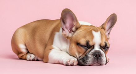 Fototapeta premium Sleeping French Bulldog Puppy on Pink Background