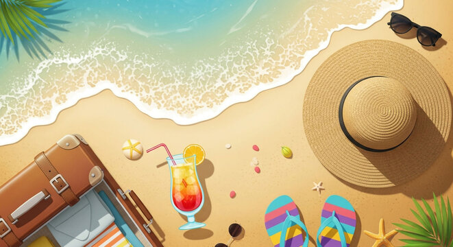 Overhead view of beach vacation essentials including a hat, sunglasses, flipflops, suitcase, and cocktail on a sandy shore