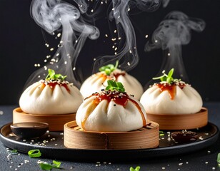 Floating Bao Buns with Flying Steam and Ingredients in Mid-Air