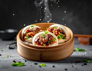 Floating Bao Buns with Flying Steam and Ingredients in Mid-Air
