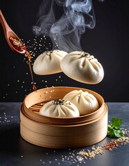 Floating Bao Buns with Flying Steam and Ingredients in Mid-Air