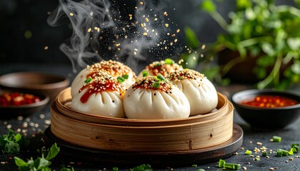 Floating Bao Buns with Flying Steam and Ingredients in Mid-Air