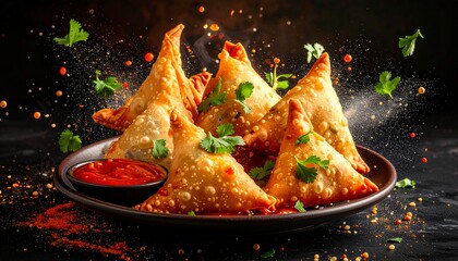 Explosion of Indian Samosas with Flying Chutney Splashes and Spices