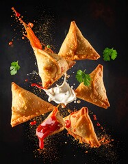 Explosion of Indian Samosas with Flying Chutney Splashes and Spices