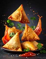 Explosion of Indian Samosas with Flying Chutney Splashes and Spices