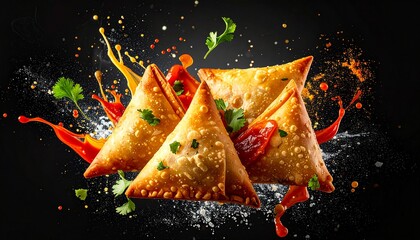 Explosion of Indian Samosas with Flying Chutney Splashes and Spices
