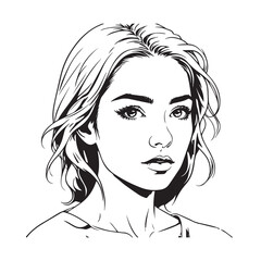 Black and white close up illustration of a beautiful woman face minimalist elegant line art drawing