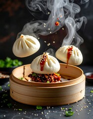 Floating Bao Buns with Flying Steam and Ingredients in Mid-Air