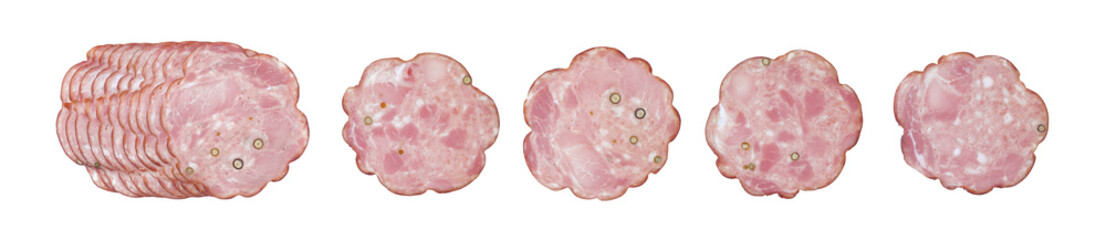 Sliced smoked sausage spiced with pepper, set of cross section isolated on white background top view