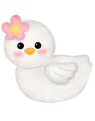 A white bird with a pink flower on its head